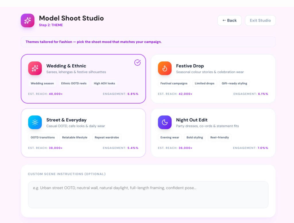 Kynema Model Shoot Studio theme picker in the live app